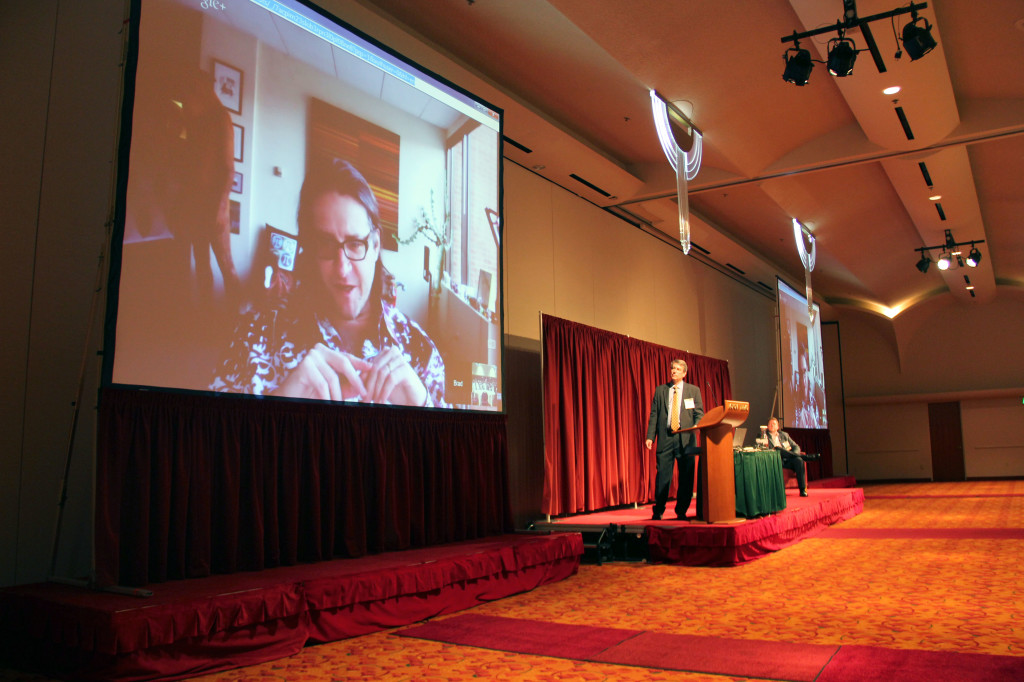 Foundry Group founder Brad Feld talks to the Wisconsin Early Stage Symposium via telepresence on Nov. 5, 2013.