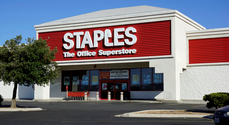 Staples office superstore sign. An American multinational office